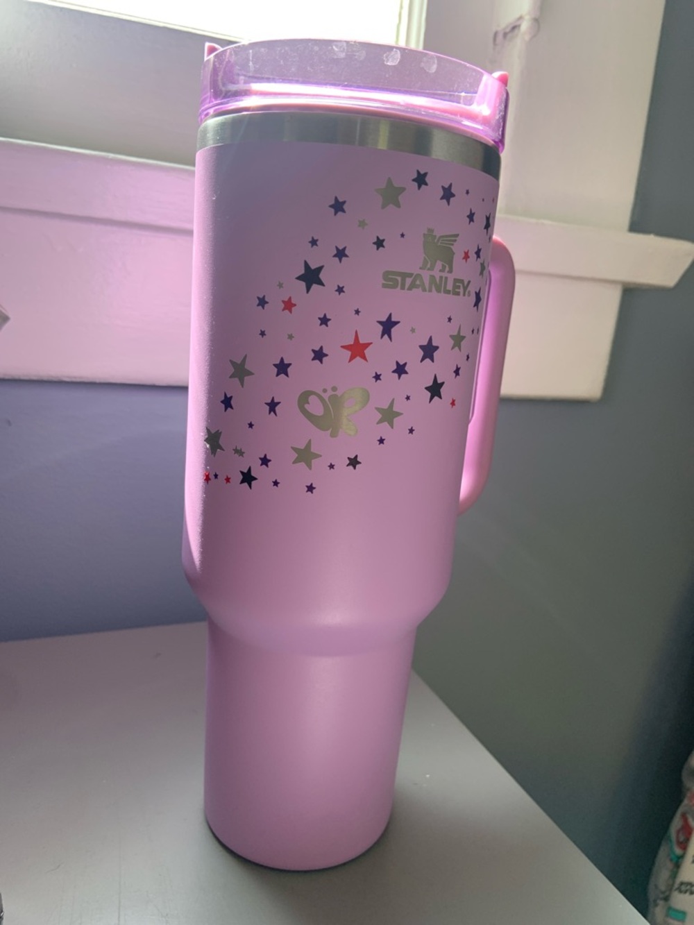 Stanley Pink Travel Tumbler with Star & Butterfly Accents/No Straw
